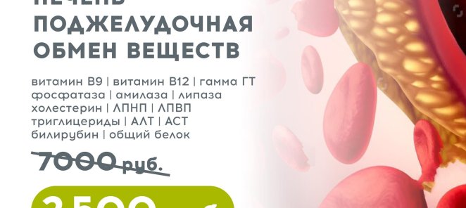 Печень, ЖКТ, метаболизм - 14 анализов за 2500 руб. до 31.08