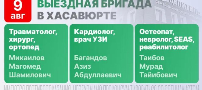 Консультационный приём специалистов в Хасавюрте, 9 августа
